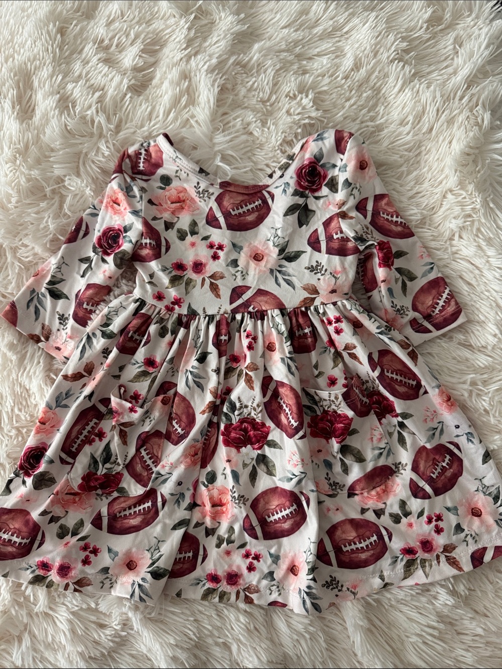 Mila & Rose Girls' Floral & Football Print Dress - White and Burgundy